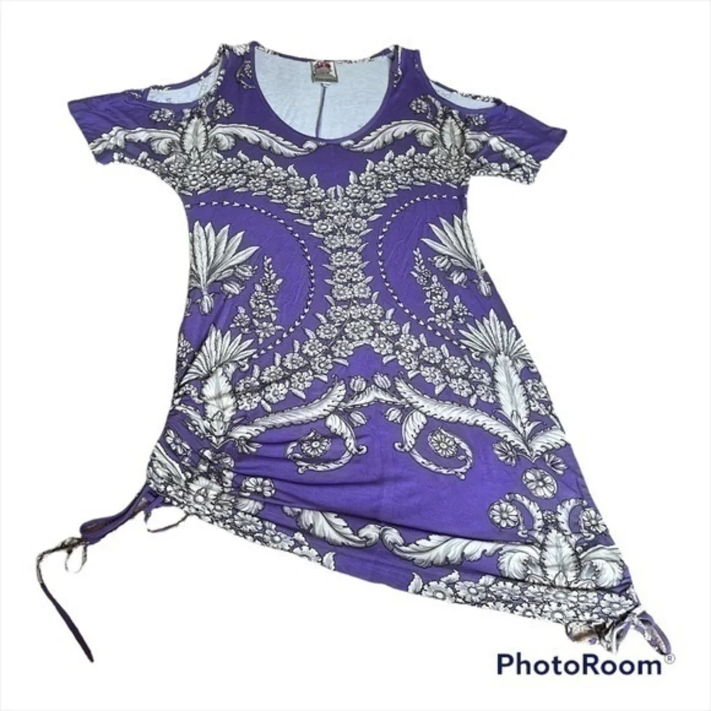 asymmetrical Yoana Baraschi Purple Baroque Print Cold Shoulder Ruched dress